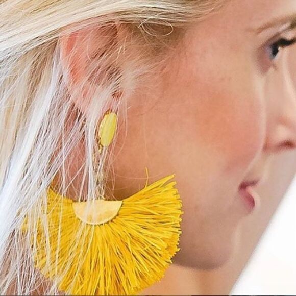 Yellow Fan Dangle Earrings - Gold Post Stud w Backs - NEW - Drop Earring - Picture 7 of 7
